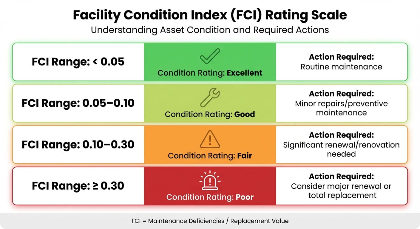 Escala de Facility Condition Index (FCI) y acciones requeridas