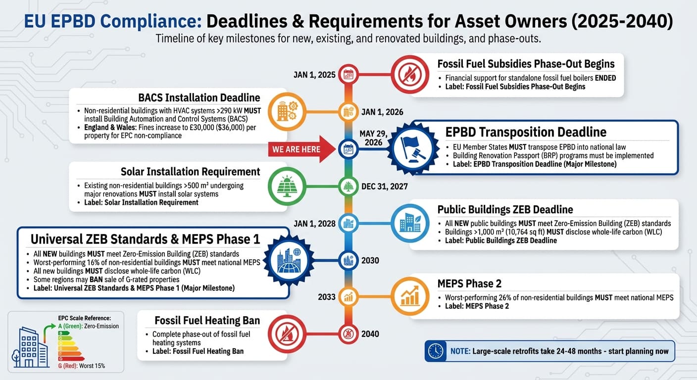 Calendrier de conformité EPBD 2026 et échéances clés pour les propriétaires d'actifs de l'UE