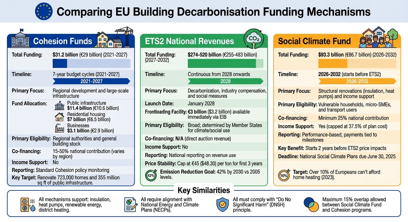 Confronto tra meccanismi UE di finanziamento per la decarbonizzazione degli edifici: Fondi di coesione, ETS2 e Fondo sociale per il clima