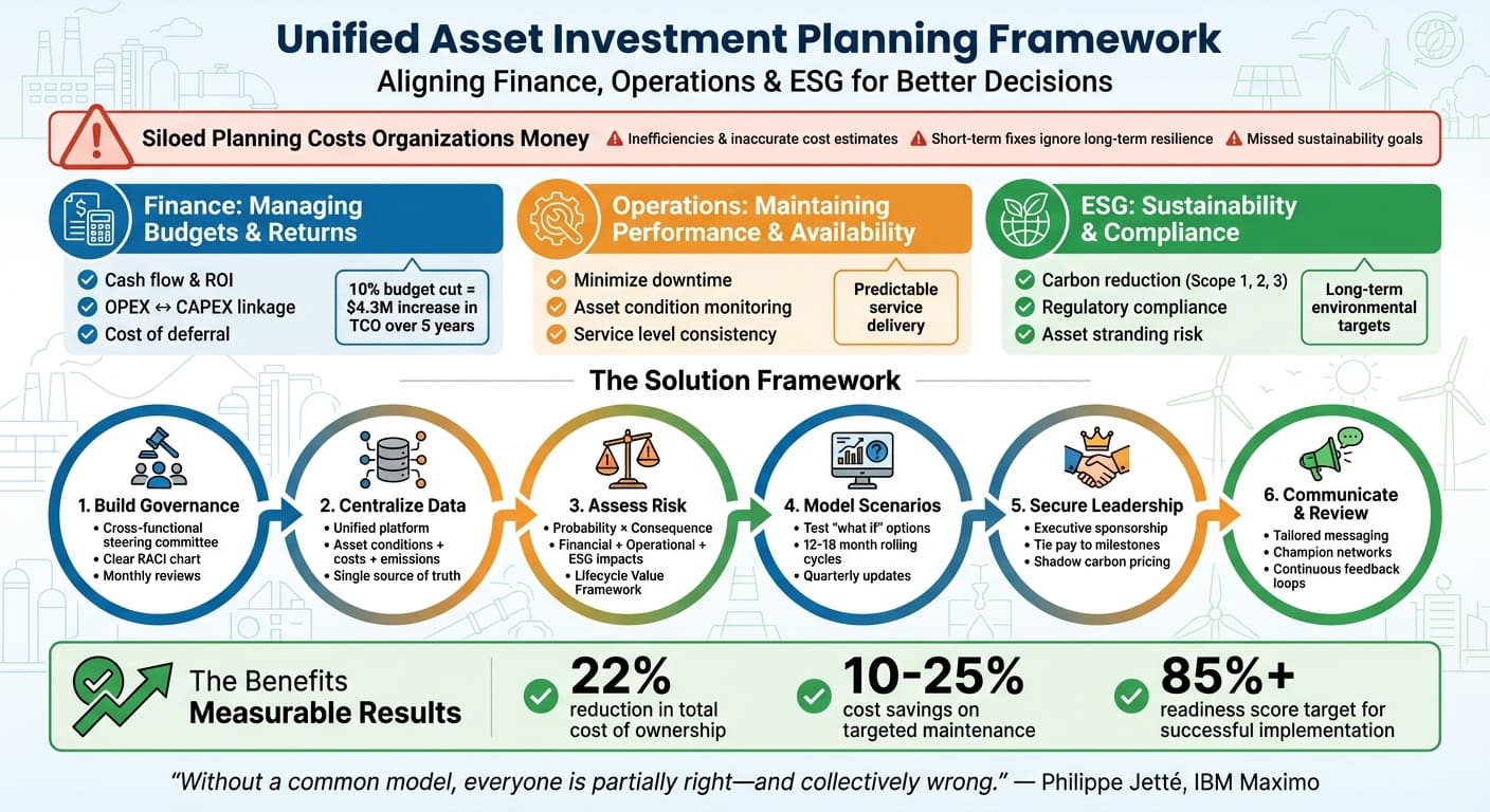 Cadre en 6 étapes pour aligner finance, exploitation et ESG en planification des investissements patrimoniaux