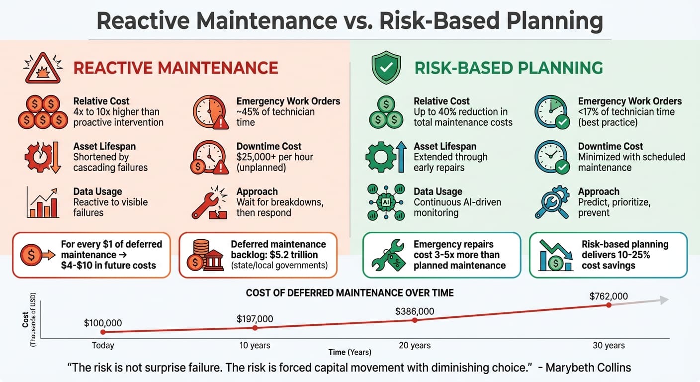 Maintenance d'infrastructure réactive vs par les risques : comparaison des coûts et de la performance