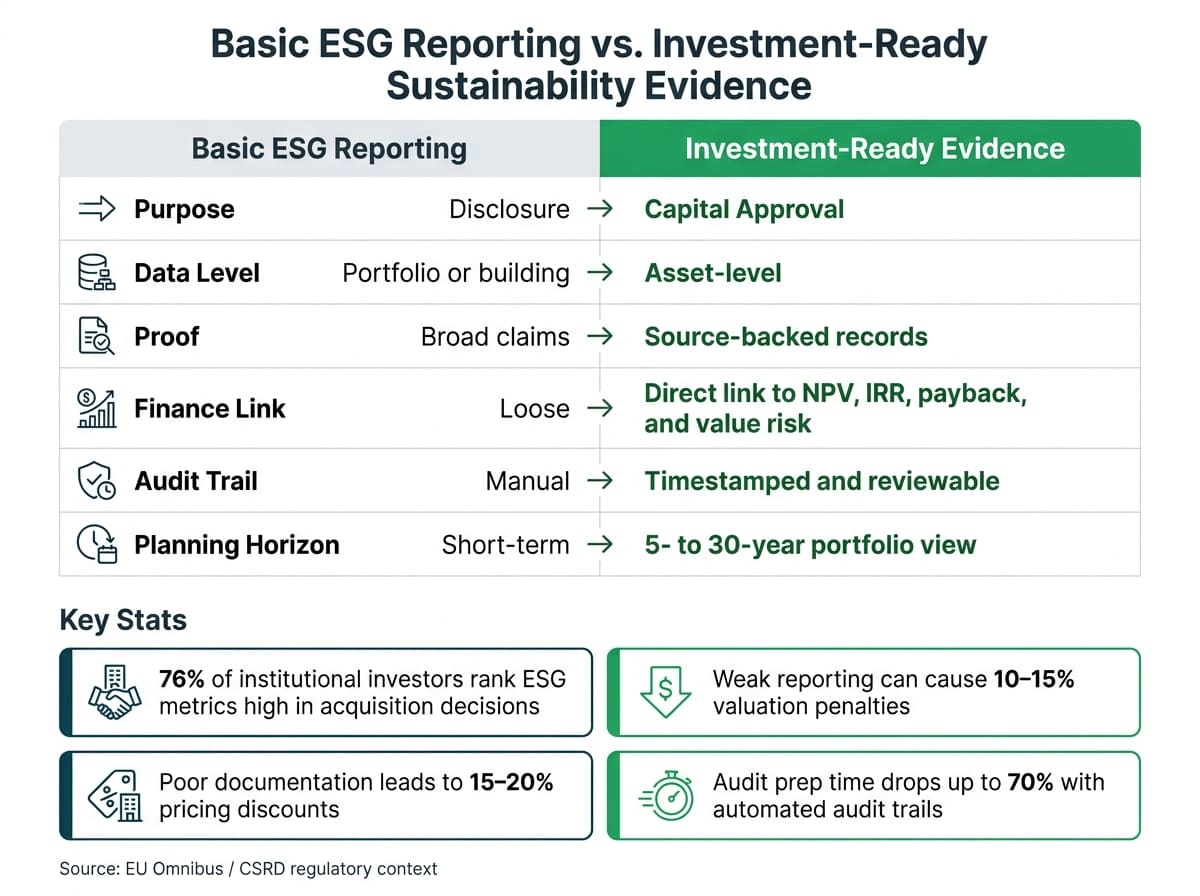 Reporting ESG básico frente a evidencia de sostenibilidad preparada para inversión