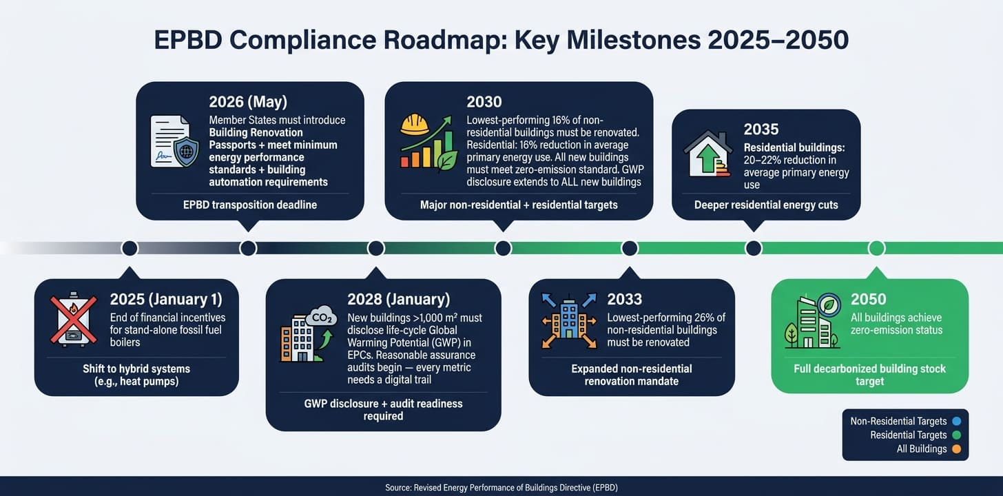 Feuille de route de conformité EPBD : jalons clés 2025–2050