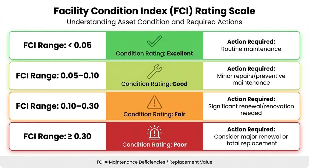 Escala de Facility Condition Index (FCI) y acciones requeridas