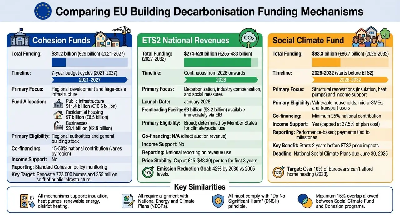 EU Building Decarbonisation Funding Mechanisms Comparison: Cohesion Funds, ETS2, and Social Climate Fund