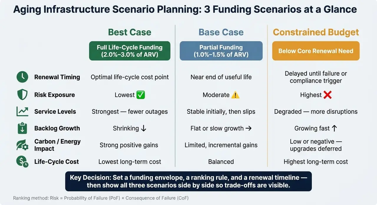 Aging Infrastructure Scenario Planning: Best Case vs Base Case vs Constrained Budget