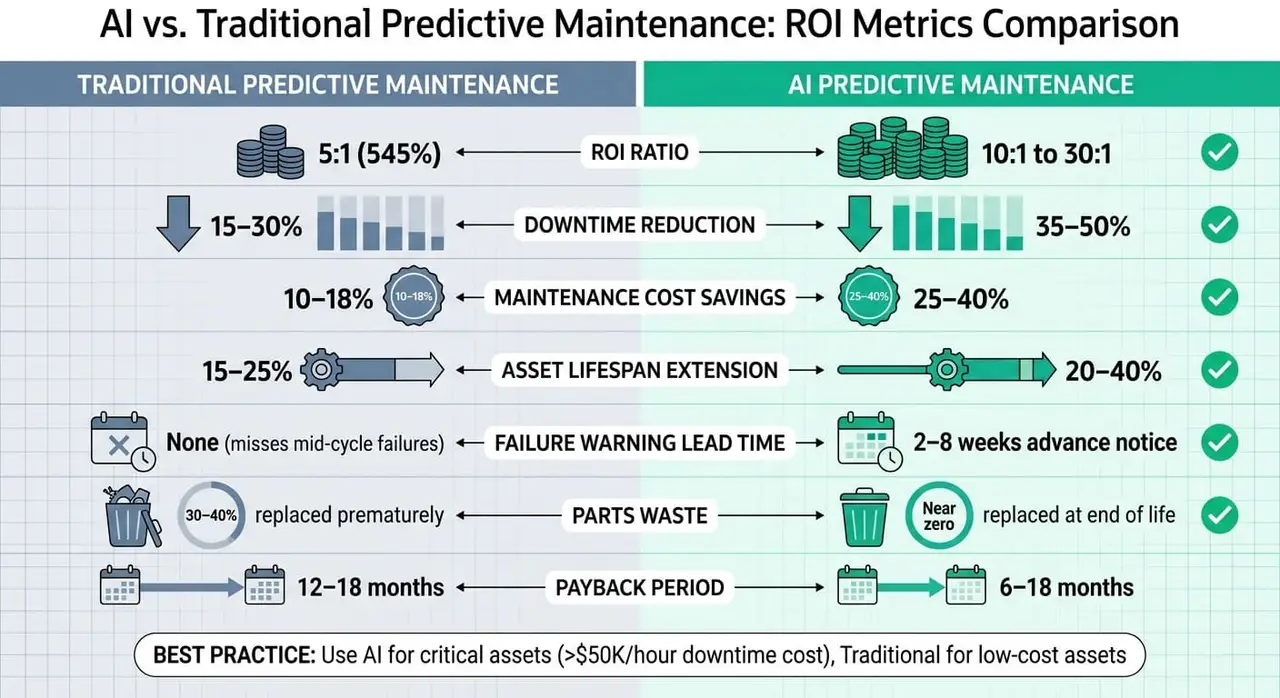Comparación de ROI entre mantenimiento predictivo con IA y tradicional